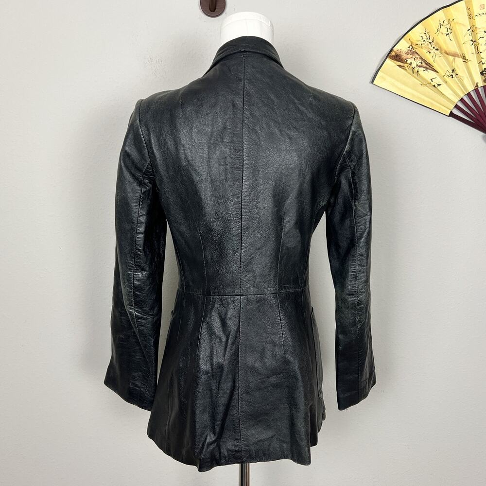 90s vintage black leather distressed faded minimalist grunge button coat jacket - Picture 2 of 9
